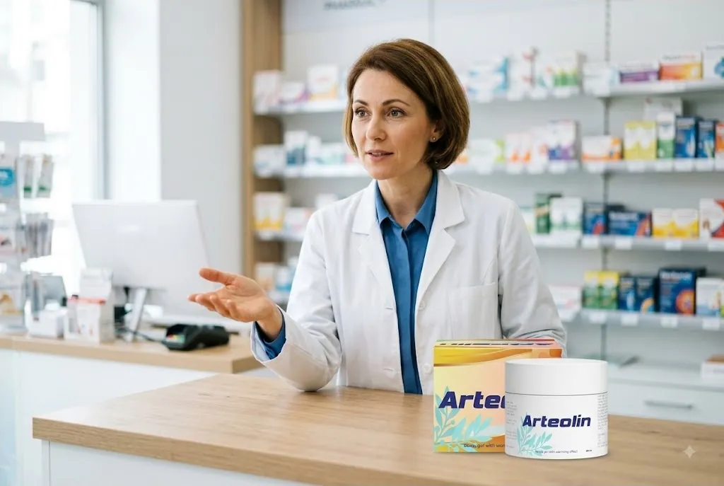Kinetoterapeut într-un cabinet luminos, lângă borcanul Arteolin